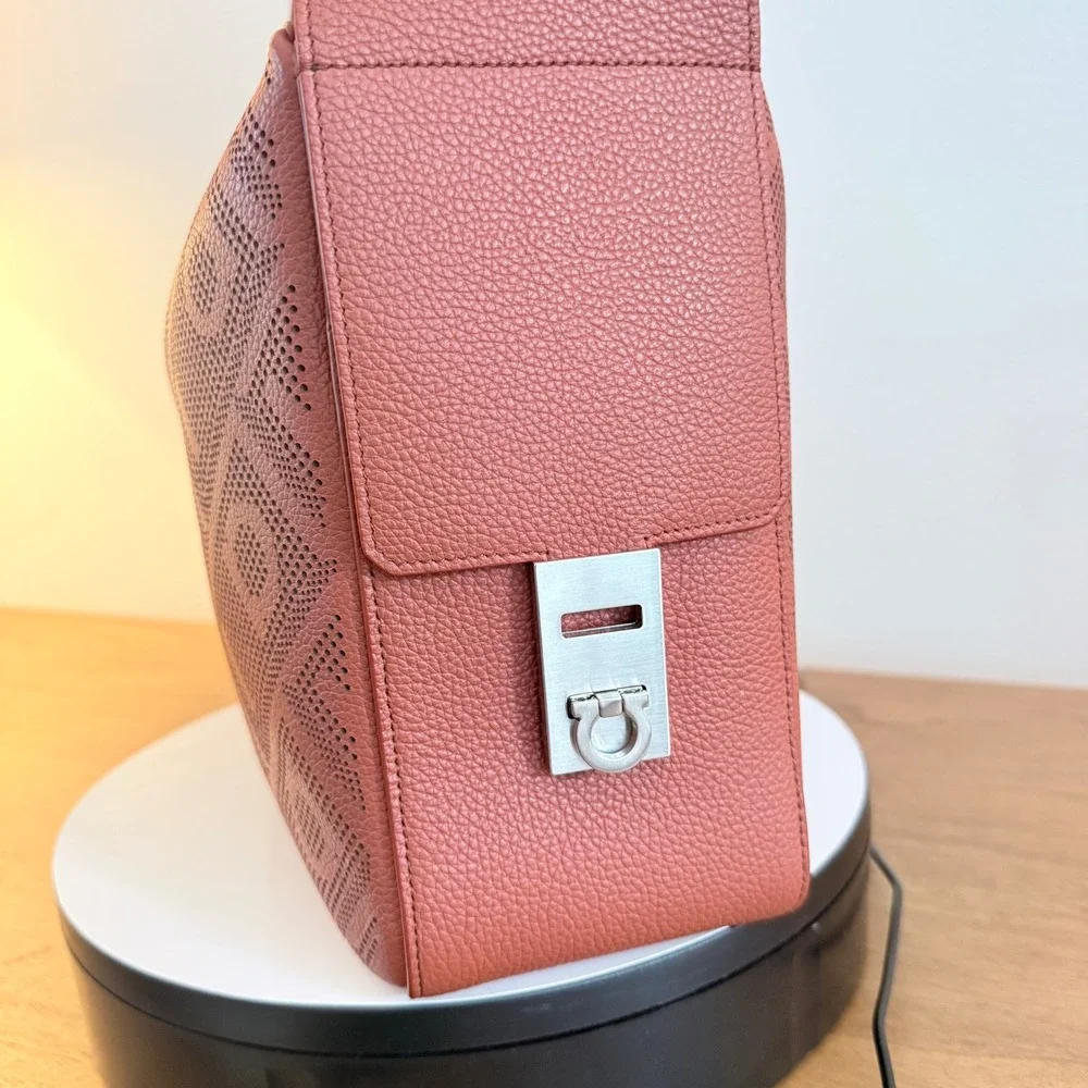 Ferragamo Perforated Gancini Leather Hobo Bag Terracotta Orange